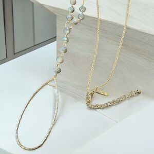 NWT Gold Tone Long Grey Bead Necklace